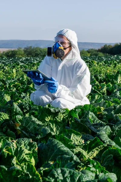 Scientist Wearing White Protective Equipment Chemical Mask Glasses Uses Tablet — Stock Photo, Image