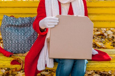 Pizzayla paket kutusunu tutan kadın elleri. Teslimatı kabul et ve salgın sırasında götür.