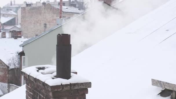 Gőzölgő Füst Kéményből Háztetőn Város Hátterével Szemben — Stock videók