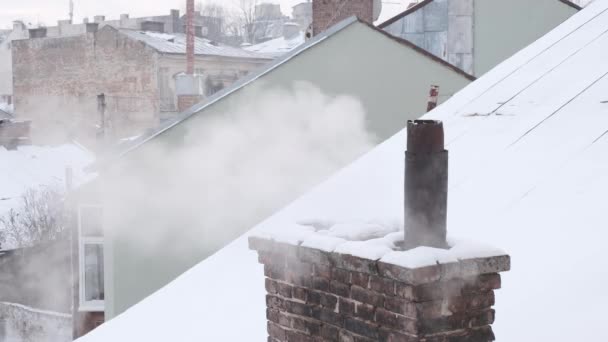 Gőzölgő Füst Kéményből Háztetőn Város Hátterével Szemben — Stock videók