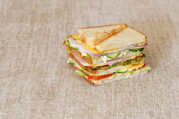 Fresh Sandwich Cheese Herbs Tomato Cucumber Bacon Beige Napkin — Stock Photo, Image