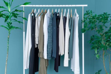 Mavi arka planda yeşil büyük bitkilerle dolu beyaz bir raf..