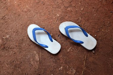 close up White and blue rubber slippers on the ground