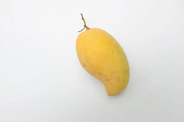 Žena Ruka Drží Sladké Žluté Zralé Mango Voňavé Bílém Pozadí — Stock fotografie