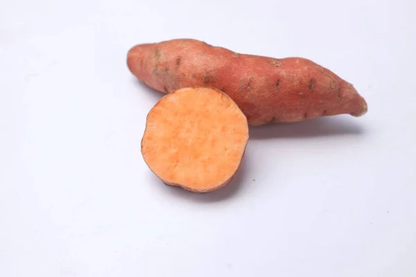Draufsicht Und Flache Lage Gruppe Frischer Rosa Süßkartoffeln Und Scheiben — Stockfoto