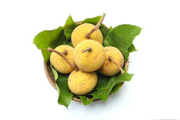 Kopiera Utrymme Färsk Santol Sandoricum Koetjape Frukt Wicker Basket Berömda — Stockfoto