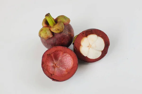 Group Ripe Mangosteen Fruits Fruits One Half White Background Summer — Stock Photo, Image