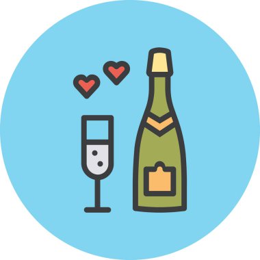 Cam ikon vektör illüstrasyonlu şampanya, sevgililer günü konsepti