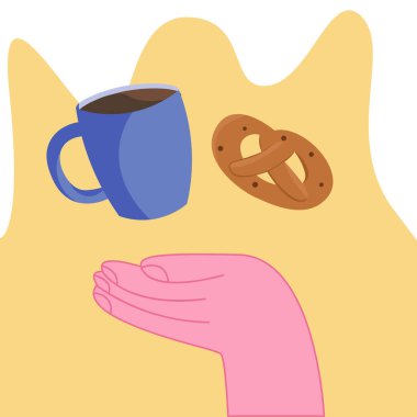 Büyük pembe bir el bir bardak ve bir rulo tutuyor.. 