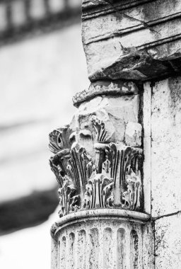 Tarihi Roma sütunları ve mimarisinin siyah beyaz fotoğrafları