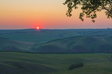 Çok güzel bir sabah manzara ağaç arasında. Dağlar ve gündoğumu sabah. Çok güzel.
