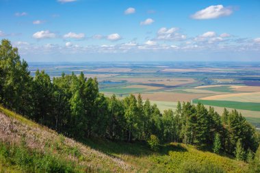 Yüksek irtifadan tarlaların güzel manzarası. Arazinin güzel panoramik manzarası yüksek bir bakış açısıyla