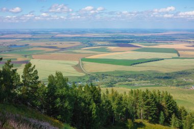 Yüksek irtifadan tarlaların güzel manzarası. Arazinin güzel panoramik manzarası yüksek bir bakış açısıyla