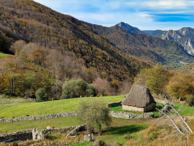 Teito (tipik kulübe) ve Valle del Lago yakınlarındaki çayırlar, Somiedo Natural Park ve Biyosfer Rezervi, Asturias, İspanya