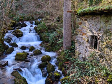 La Rebollada köyü, Somiedo Doğal Parkı ve Biyosfer Rezervi, Asturias, İspanya, Avrupa yakınlarındaki bir dere.
