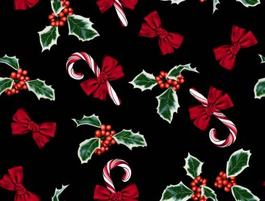 Kusursuz Noel arkaplanı, çoban püskülü kırmızı yaylı ve şeker kamışlı. Noel tekstili. Nane şekeri ve çoban püskülü kış deseni. Tekstil baskısı. Kış tatili, mutlu yıllar ve mutlu noeller.. 