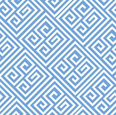 Kusursuz geometrik desen. Beyaz ve mavi renkli çizgi deseni. Klas labirent tasarımı. Moda basit girdap kalıbı. Tekstil ve iç mekanlar için modaya uygun tasarım.
