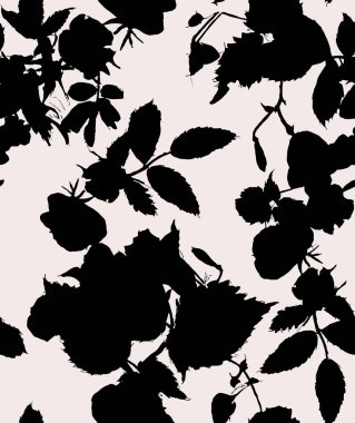 Çıplak arka planda siyah renkli, kusursuz çiçek deseni. Moda ve tekstil için düz çiçekler ve yapraklar. Baskı için basit bir kalıp. Yaz için modaya uygun desen.