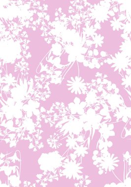 Pembe arka planda beyaz renkli kusursuz çiçek deseni. Moda ve tekstil için düz çiçekler ve yapraklar. Baskı için basit bir kalıp. Yaz için modaya uygun desen.
