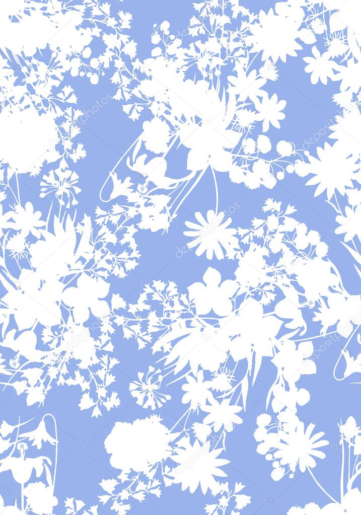 Seamless flowers pattern in white color on blue background.  flat flowers and leafs pattern for fashion and home textiles. Simple pattern for print. Fashionable pattern for summer.