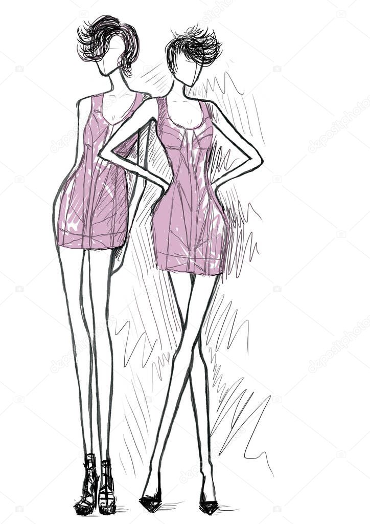 Hand drawn Journal illustration of two silouette. Two figures in pink dresses. Sketch for fashion magazine. Dynamic drawing of two characters. Girls in pink outfit. 