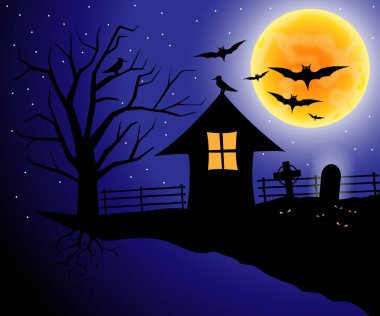 Cadılar Bayramı arka planında mezarlıkta uçan korkunç yarasalar, eski mezar taşı ve dolunay var. Korku Evi ve popüler tatil özellikleriyle ürkütücü Cadılar Bayramı kompozisyonu