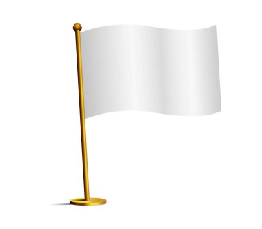 Beyaz bayrak direği beyazın üzerinde izole halde sallanıyor. Kendi metnini yaz.