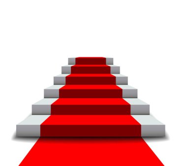Kırmızı halılı merdiven izole edilmiş.