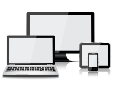 Gerçekçi görüntü, dizüstü bilgisayar, tablet bilgisayar ve cep telefonu seti izole edildi