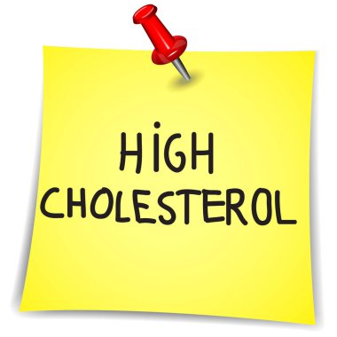 Beyaz arkaplanlı bir not kağıdında yüksek kolesterol kelimesi