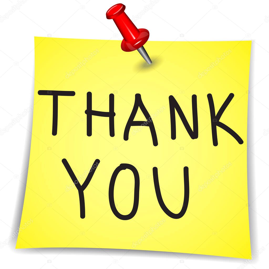 Thank you on a Note Paper with pin on white background