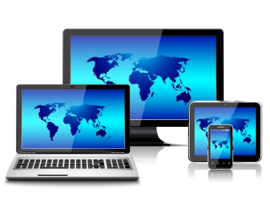 Bilgisayar monitörü, dizüstü bilgisayar, tablet bilgisayar ve dünya haritası izole edilmiş cep telefonu