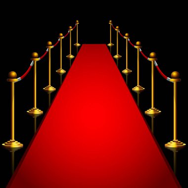 Gece kırmızı halı ve altın stançoları izole edilmiş.