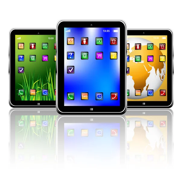 Farklı ekran geçmişleri olan bir grup dijital tablet bilgisayar. İzole edilmiş
