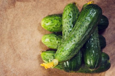 Kornişon salatalık taze yeşil yığını sarı çiçek