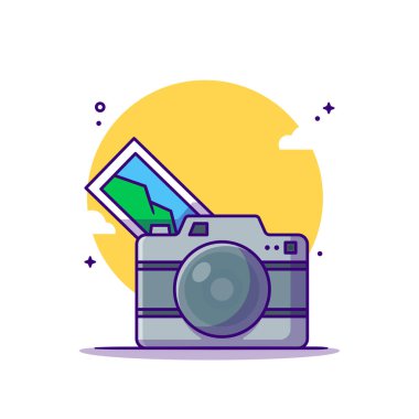 Kamera ve Görüntü Vektörü Çizgi Film İllüstrasyonu. Seyahat Simgesi Beyaz Konsepti izole edildi. Web İniş Sayfası, Bayrak, Etiket ve Arkaplan İçin Düz Çizgi Film Biçimi