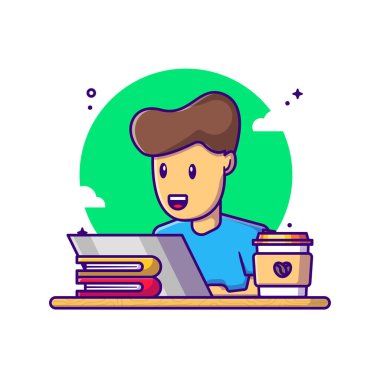 Laptop Vektör Çizgi Film Çizimi ile çalışan bir adam. İşçi Bayramı İkonası Beyaz Ayırıldı. Web İniş Sayfası, Bayrak, Etiket ve Arkaplan İçin Düz Çizgi Film Biçimi