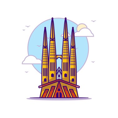 Web İniş Sayfaları ya da Etiket ve Arkaplan ile La Sagrada Familia Simgeleri Düz Çizgi Film Biçiminde Vektör Simgesi ResmiComment