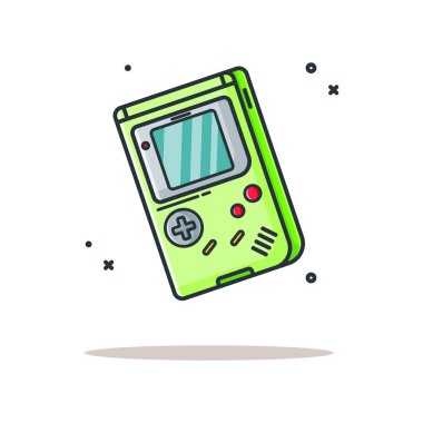 Sancak veya Etiket ve Arkaplan ile Web İniş Sayfaları için Düz Çizgi Film Biçiminde Gameboy Vektör Simgesi ResmiComment