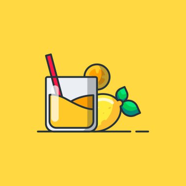 Banner veya Etiket ve Arkaplan ile Web İniş Sayfaları için Düz Çizgi Film Biçimi Lemon ve İçecek Vektörü Simgesi ResmiComment