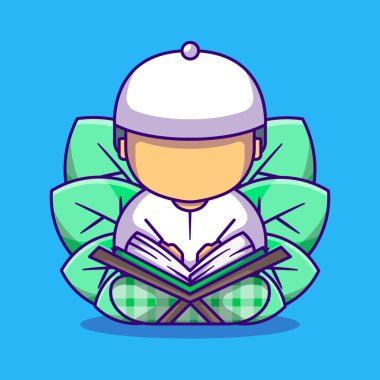 Kur 'an Vektörü Çizgi Filmi İllüstrasyonunu okuyan tatlı Müslüman Çocuk. Ramazan Kareem Simgesi Beyaz Konsepti izole edildi. Web İniş Sayfası, Bayrak, Etiket ve Arkaplan İçin Düz Çizgi Film Biçimi