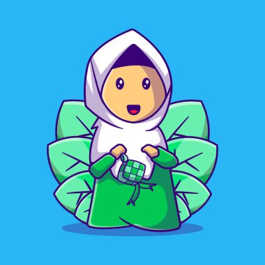 Ketupat Vector Çizgi Film İllüstrasyonu 'nu tutan tatlı müslüman kız. Ramazan Kareem Simgesi Beyaz Konsepti izole edildi. Web İniş Sayfası, Bayrak, Etiket ve Arkaplan İçin Düz Çizgi Film Biçimi