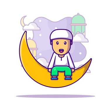 Müslüman çocuk, Ramazan Kareem Vektör Çizgi Film İllüstrasyonunu selamlıyor. Ramazan Kareem Simgesi Beyaz Konsepti izole edildi. Web İniş Sayfası, Bayrak, Etiket ve Arkaplan İçin Düz Çizgi Film Biçimi