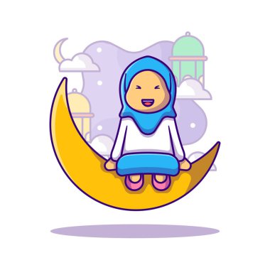 Müslüman Kız, Ramazan Kareem Vektör Çizgi Film İllüstrasyonunu selamlıyor. Ramazan Kareem Simgesi Beyaz Konsepti izole edildi. Web İniş Sayfası, Bayrak, Etiket ve Arkaplan İçin Düz Çizgi Film Biçimi