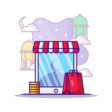 Ramadan Shopping on Mobile Smartphone Vector Cartoon Illustration. Ramadan kareem Icon Concept White Isolated. Flat Cartoon Style Suitable for Web Landing Page, Banner, Sticker, and Background clipart
