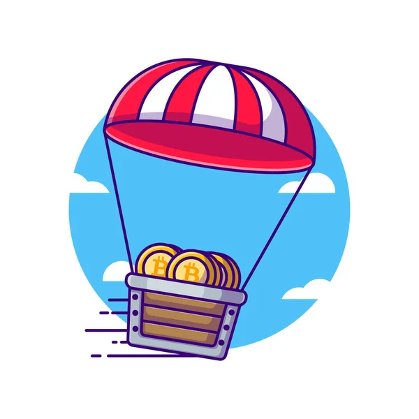 Carrinho Mina Bitcoin Com Parachute Vector Cartoon Illustration Mineração Bitcoin — Vetor de Stock