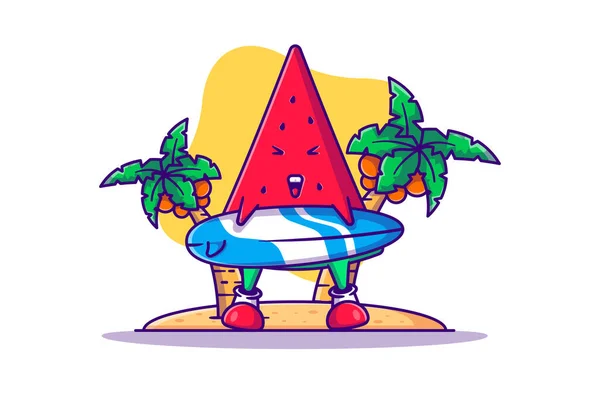 Niedliche Wassermelone Mit Surfboard Vector Cartoon Illustration Summer Icon Concept — Stockvektor