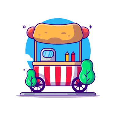 Hotdog Stand on Lunapark Vektör Çizgi Filmi İllüstrasyonu. Lunapark Simgesi Beyaz Konsepti tecrit edildi. Web İniş Sayfası, Bayrak, Etiket ve Arkaplan İçin Düz Çizgi Film Biçimi
