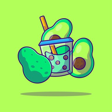 Bubble Tea ve Avocado Vector Çizgi Film İllüstrasyonu. Köpüklü çay ve meyve ikonu kavramı izole edildi. Web İniş Sayfası, Bayrak, Etiket ve Arkaplan İçin Düz Çizgi Film Biçimi