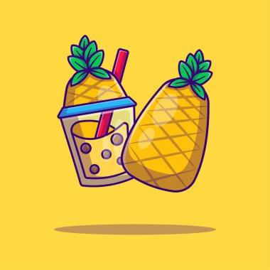 Bubble Tea ve Pineapple Vector Çizgi Film İllüstrasyonu. Köpüklü çay ve meyve ikonu kavramı izole edildi. Web İniş Sayfası, Bayrak, Etiket ve Arkaplan İçin Düz Çizgi Film Biçimi